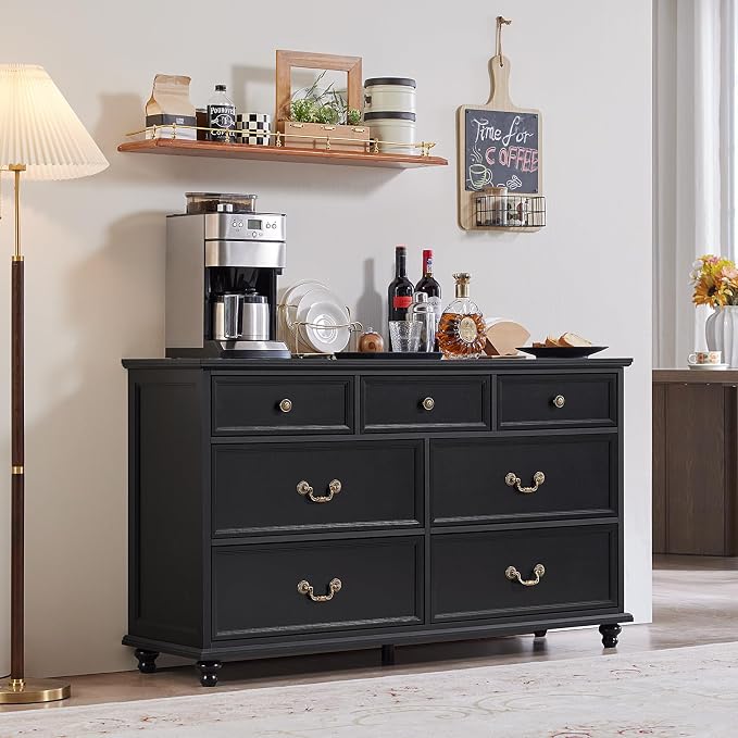 Joaxswe Farmhouse 7 Drawers Dresser Sets of 2 for Bedroom, Black 54 Inch Wide Chest of Drawers w/ 4 Wooden Legs, Large Vintage Rustic Closet Dressers for Living Room, Wood TV Stand - Image 9