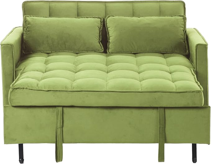 3 in 1 Convertible Sofa Bed, Love Seat Sleeper Bed with Side Pockets, Velvet Fabric Pull Out Couch with Adjustable Backrest for Living Room, Bedroom, Apartment, Olive Green