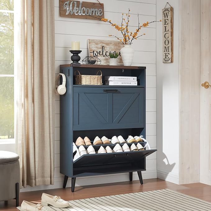 Barnyatoh Shoe Storage Cabinet,Farmhouse Shoe Organizer with 2 Flip Drawers & Barn Door Design,Freestanding Hidden Slim Narrow Shoe Rack Cabinet with Open Storage for Entryway, Foyer,Hallway,Navy Blue by Barnyatoh