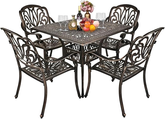 VINGLI 5 Pieces Outdoor Patio Dining Set, Cast Aluminium Patio Furniture Set with 4 Chairs and 1 Umbrella Table for Yard, Garden, Porch and Poolside, Bronze by VINGLI