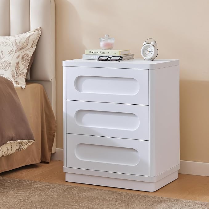 26.2" Tall Nightstand, 21.7" W Night Stand with 3 Storage Drawers, Wood Beside Table, Rounded Corner Design for Bedroom（White） - Image 9