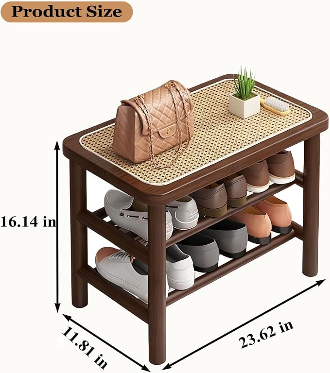 latifolia Shoe Rack Bench, 3-Tier Bamboo Shoe Bench with Breathable Rattan Seat Cushion, Shoe Storage Rack for Entryway(Walnut,23.62''L) - Image 2