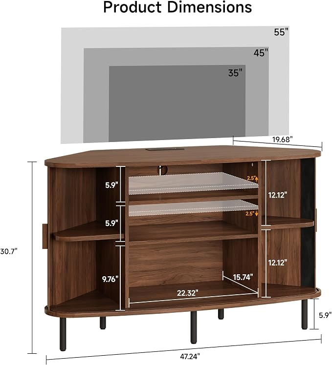 47" Corner TV Stand for up to 55" TVs, Modern Fluted Sliding Door Cabinet with Power Outlet, Wood Storage Entertainment Center, Media Console for Living Room, Walnut - Image 2