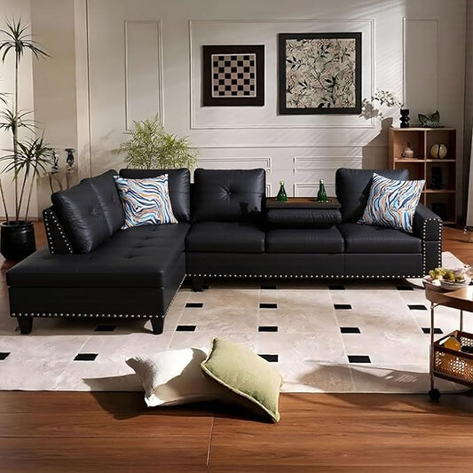L Shape Sectional Couch with Chaise, 97.5 Inch Modular Sofa with Cup Holders, Sectional Couches for Living Room, Ergonomic Reclined Backrest, for Office and Small Apartment, Black