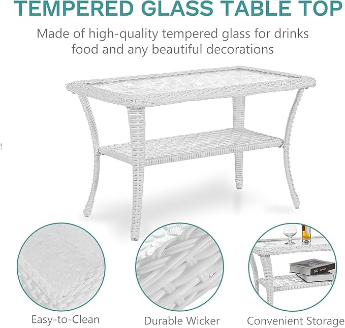 MEETWARM 4 Pieces Outdoor Wicker Patio Conversation Sets with Glider Loveseat, 2 Chairs with Coffee Table Wicker Rocking Glider Set, Patio Conversation Set with Thickened Cushions, White/Red