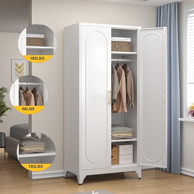 SteeLoong 71" Metal Armoire Wardrobe Closet with Doors，Tall Clothing Storage Cabinet with Adjustable Shelves and Hanging Rod,White Wardrobe Closet for Bedroom,Home,Office,Gym