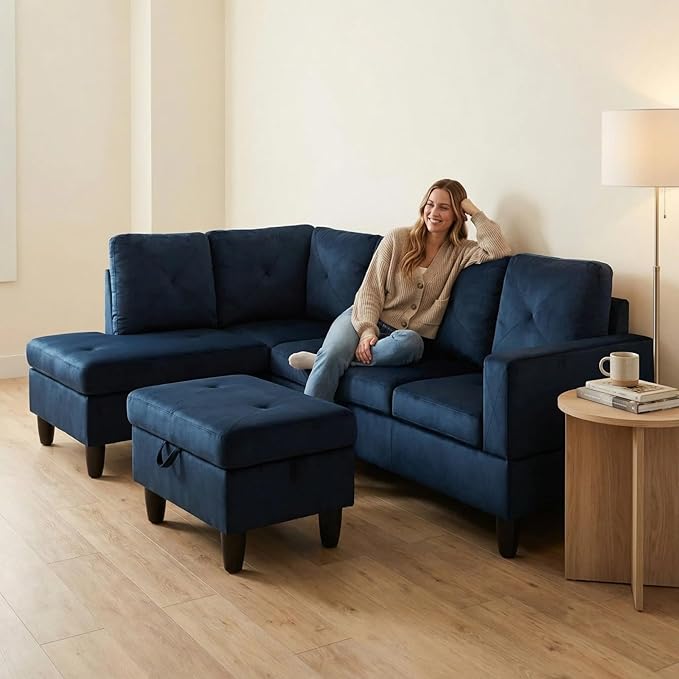 Microfiber Sectional Couch, L-Shape Sofa with Storage Ottoman, Modern 3-Piece Sofa Set for Living Room, Contemporary Upholstered Couch Set with Solid Wood Frame for Apartment, Midnight Blue