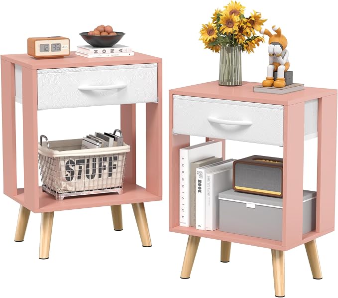 GYIIYUO Nightstands Set of 2 with Fabric Storage Drawer and Open Wood Shelf, Side Table with Storage for Bedroom, Bedside Tables - Pink by GYIIYUO
