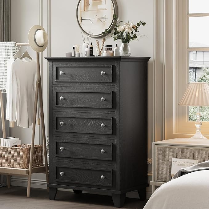 GAOMON Black 5 Drawer Dresser for Bedroom, 48" Tall Wood Dresser & Chests of Drawers with Deep Drawers, Modern Chest Organizer with Metal Handles for Living Room, Hallway, Entryway by GAOMON