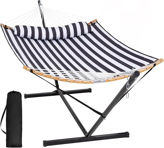 SUNCREAT Hammocks Extra Large Hammock with Stand Included, Double Hammock with Curved Spreader Bar, Black Stripes by SUNCREAT
