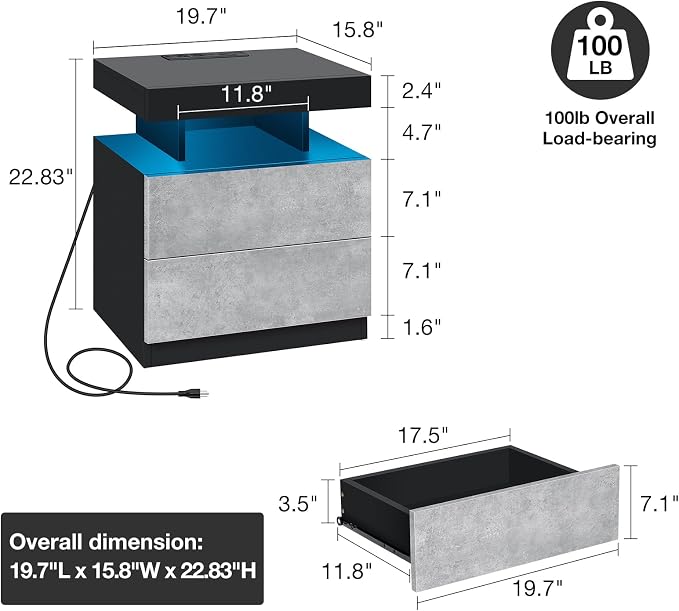 HOMMPA Nightstand with Charging Station and LED Light, Smart Nightstand with USB Port & Wireless Charging, Modern Night Stand with 2 Drawer, Concrete Grey Matte Beside Table for Bedroom - Image 2