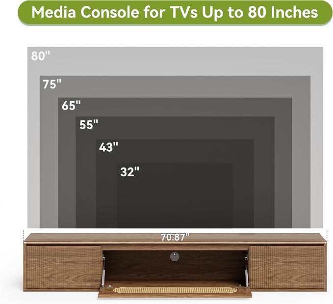 LITTLE TREE 71'' Floating TV Stand Wall Mounted, Large Floating TV Stand, Fluted Floating Shelf for Under TV, Modern Media Console with Drawers & Flip-Down Cabinet Doors for Living Room, Bedroom - Image 14