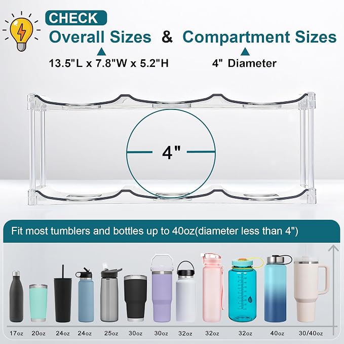 LARGER Compartment - Stackable Water Bottle Organizer Holder - for Stanley & Others' Large Tumbler - Clear Wine Rack, Cup Bottle Holder for Cabinet Home Countertop Fridge Pantry Shelf, 4 Tier Hold 12 - Image 4