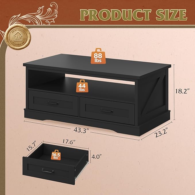 WLIVE Coffee Table for Living Room, 43" Framhouse Coffee Table with 2 Storage Drawers, Modern Center Table with Open Display Area, Elegant Curved Base, Black