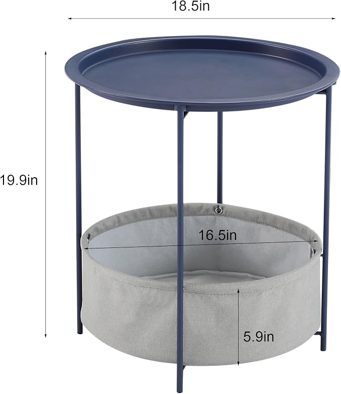 VECELO Round Side/End Table with Fabric Storage Basket，Metal Anti-Rust and Waterproof Small Bedside Nightstand with Removable Tray Top for Living Room，Balcony & Laundry，Blue /1pcs with Basket - Image 3