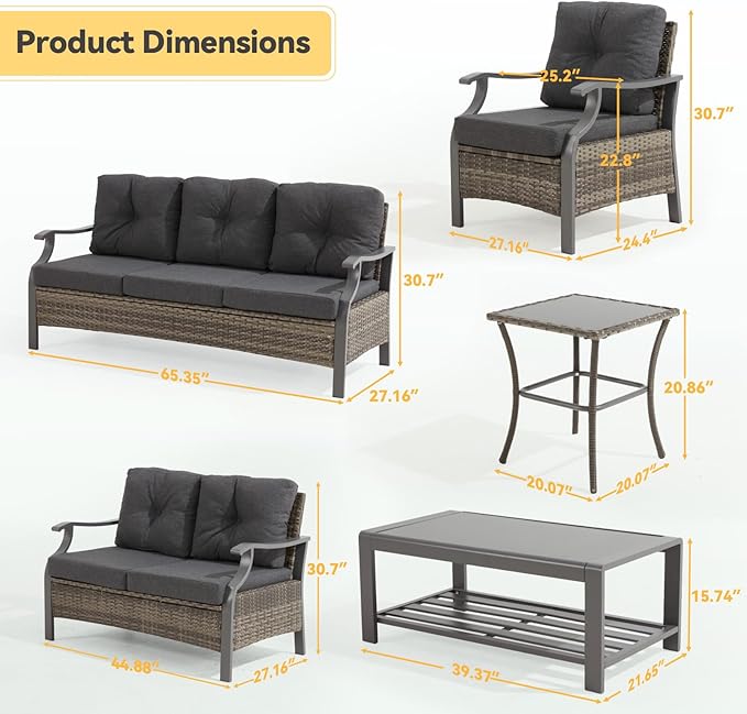 Outdoor Patio Furniture Set, 6 Pieces Outdoor Conversation Sets with Coffee Table & Side Table, Wicker Rattan Outdoor Sectional Sofa Set for Backyard, Deck, Porch, Poolside, Gray