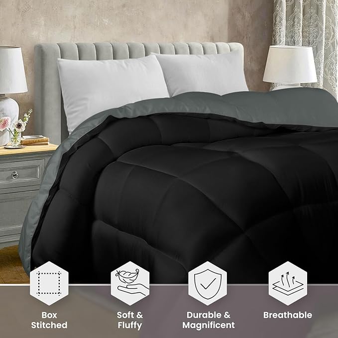 Utopia Bedding Queen Comforter Duvet Insert, Reversible Black/Grey Quilted Comforter with Corner Tabs, Box Stitched Down Alternative Comforters Queen Size 88 x 88 inches