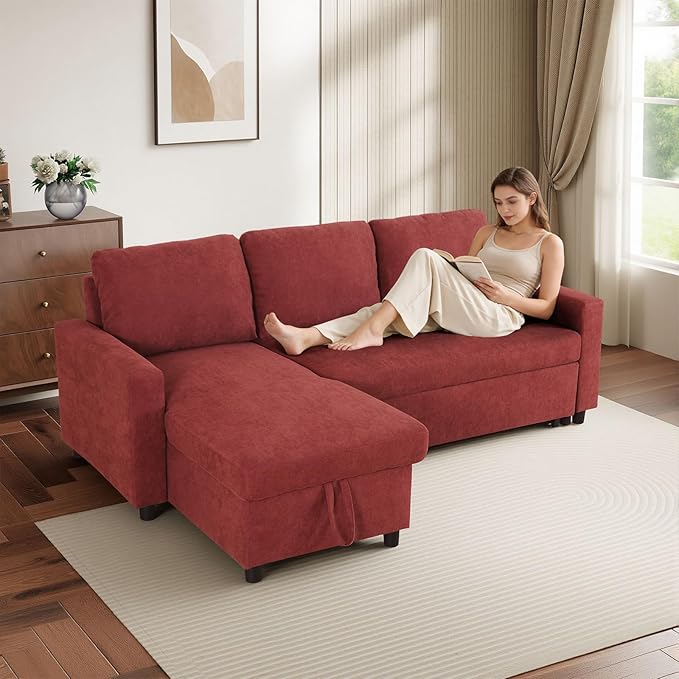 L-Shaped Sleeper Sofa with Chaise Lounge & Storage, Pull-Out Couch Bed with Recliner, Full Size Futon for Living Room, Office, Apartment Red