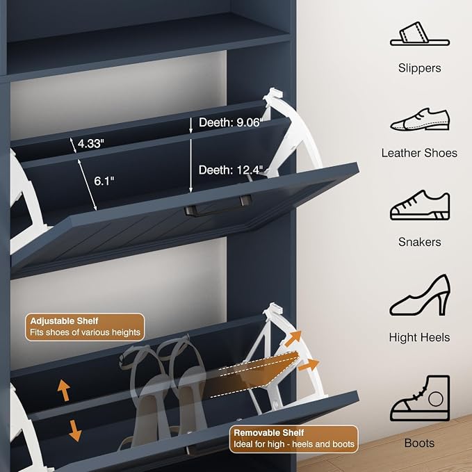 Shoe Storage Cabinet with 4 Flip Drawers, Farmhouse Modern Hidden Shoes Rack Cabinet with Adjustable Shelves & Open Storage, Narrow Slim Shoe Organizer for Front Door Entrance, Entryway, Navy Blue - Image 3
