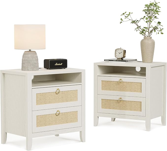 Dowinx 23.6" White Night Stand Set of 2, Large Rattan Nightstands with Charging Station 2 Drawers and Strage Shelf, Boho Night Stand Set of 2, Bed Side End Tables Dresser for Bedroom, Cream White by Dowinx