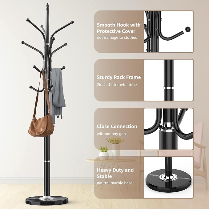 HzTinT Heavy Duty Coat Rack with Marble Base, Freestanding Hall Coat Tree with 12 Hooks and 3 Adjustable Sizes, Metal Coat Rack Stand for Entryway, Bedroom, Office Hanging Purses, Coats, Scarves, Hats - Image 4