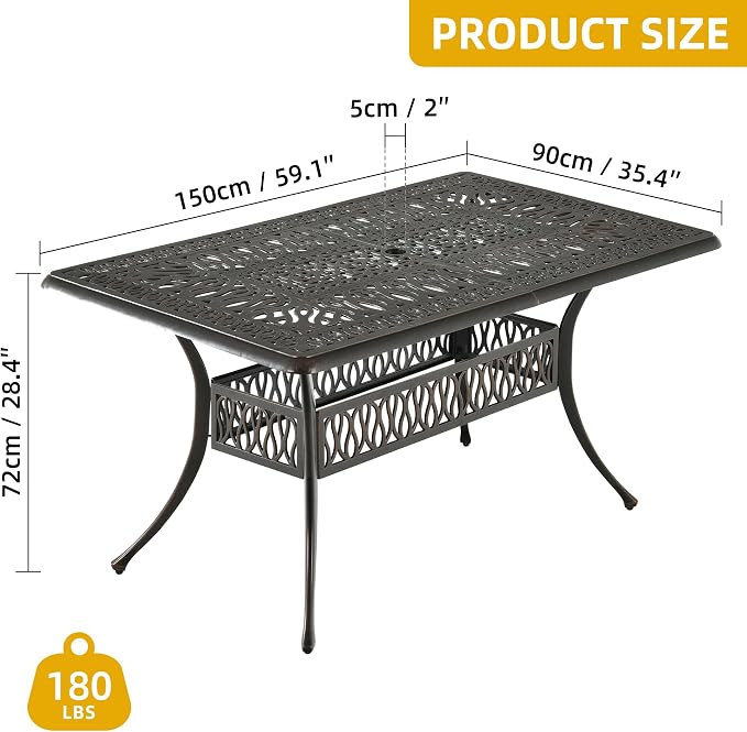 DWVO Cast Aluminum Outdoor Dining Table, 59'' Patio Table w/Max Bearing 220 LBS, Patio Dining Table with 2" Umbrella Hole and Adjustable Foot Pads for Garden, Backyard, Deck and Patio, Bronze - Image 3
