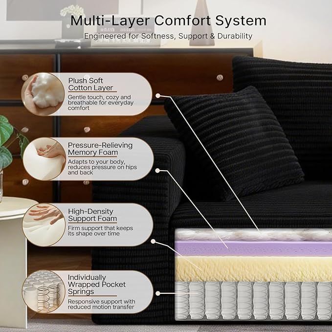 3-Seater Deep-Seat Corduroy Lounge Sleeper Sofa, No Assembly Frameless Foam Cloud Couch, Comfy Plush for Living Room Bedroom Apartment Dorm Office (Black)