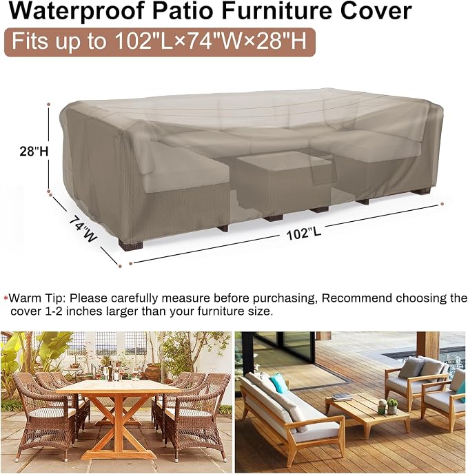 Mrrihand Heavy Duty Patio Furniture Covers, Outdoor Furniture Covers Waterproof Sectional Sofa Set , Patio Table and Chair Set Cover 102"L×74"W×28"H,Brown - Image 2