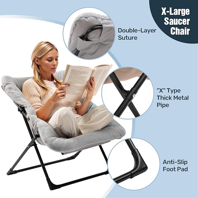 HollyHOME Comfy Oversized Saucer Chair, Extra Large Folding Lounge Chair for Adults, Foldable Accent Lazy Chair for Living Room, Bedroom, Dorm, Collapsible Reading Chair for Teens Kids, X-Large,Grey