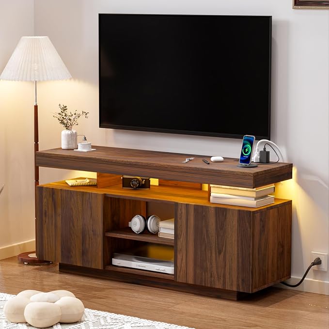 HOMMPA LED TV Stand for 55/50/43/40/32 inch TV - Modern Entertainment Center with Power Outlets, Gaming Console Cabinet with Storage Media Table and LED Lights for Living Room - Walnut by Hommpa