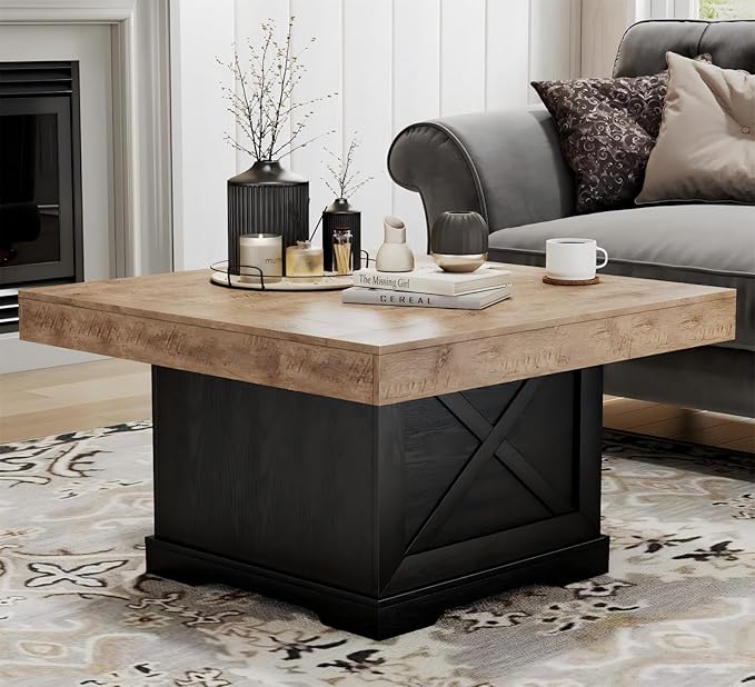 Coffee Table 31.5 in Rustic Center Table with X Design Wooden Pedestal for Living Room, Dark Oak Square Home Office Sofa Side Table for Small Space, Easy Assembly, Space-Saving