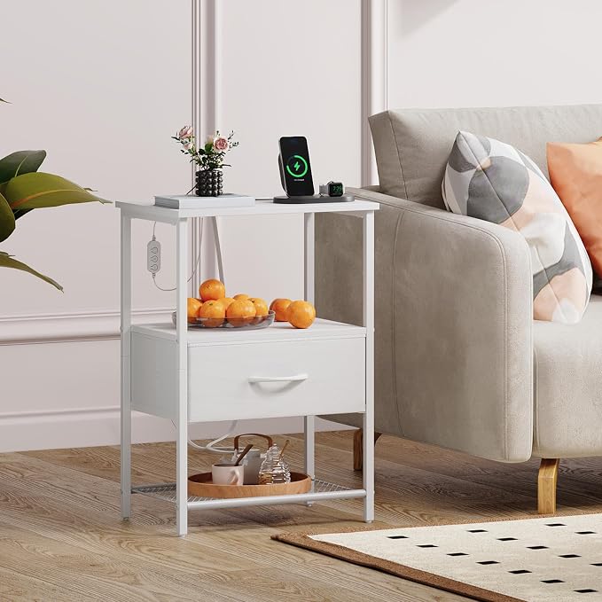Somdot Nightstand with Charging Station and LED Light for Bedroom, Bedside Table End Table for Dorm Guest Room Bedside Kids Laundry Closet Entryway Hallway, White Leather - Image 2