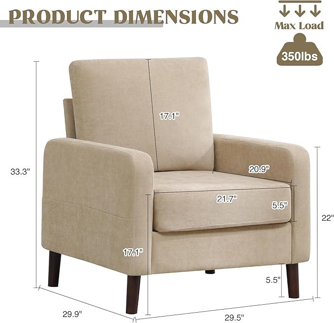 Accent Chair for Living Room, Modern Reading Chair for Bedroom, Upholstered Armchair with Wood Legs and Side Pockets, Single Sofa Side Chair for Office, Small Room, Apartment, Light Brown
