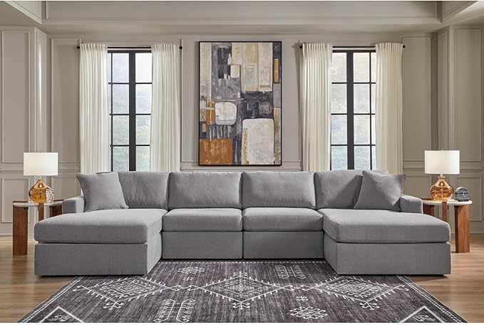 Signature Design by Ashley Modmax Stain Resistant Minimalist Modular Anti Sag 4-Piece Double Chaise Sectional with Reversible Cushions and 2 Accent Pillows, Light Gray