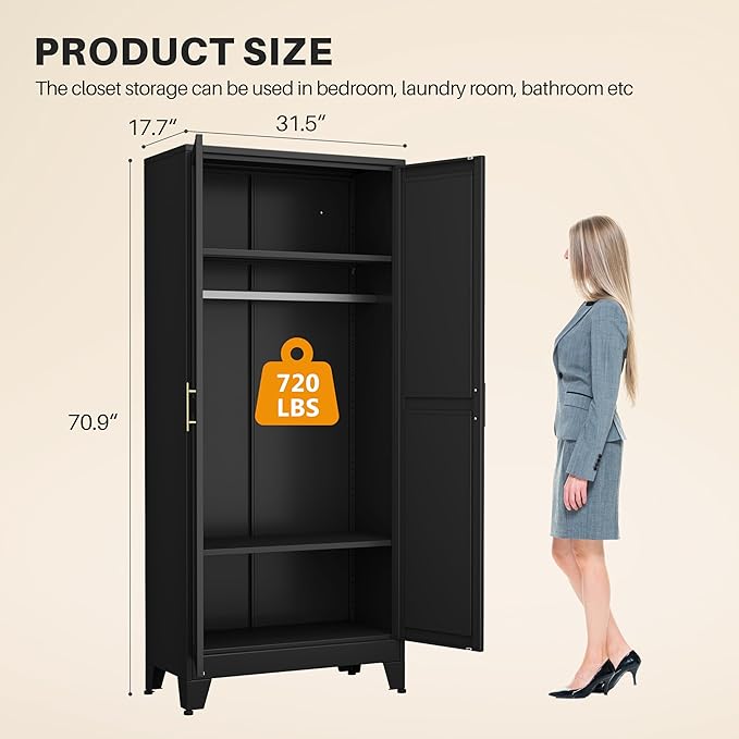 winiowa Metal Armoire Wardrobe Closet with 2 Doors, 71" Wardrobe Cabinet with Adjustable Shelves and Hanging Rod, Clothing Storage Cabinet Closet for Bedroom-Black