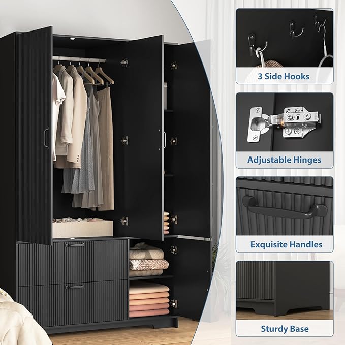 68.5” Armoire Wardrobe Closet with Mirror Door, Freestanding Modern Wooden 3 Doors Fluted Closet with 2 Drawers & Storage Cabinet & Adjustable Shelves & Hanging Rod for Bedroom (Black)