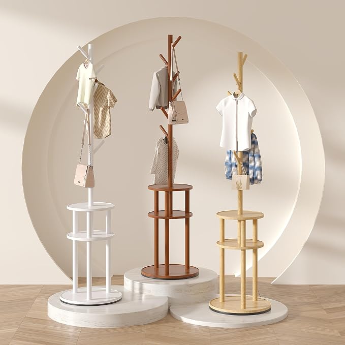 VECELO Coat Rack Freestanding, Entryway Hanger Stand, Umbrella Holder, Hall Tree With Hooks, Floor Standing Metal Tree Stand,Walnut - Image 2
