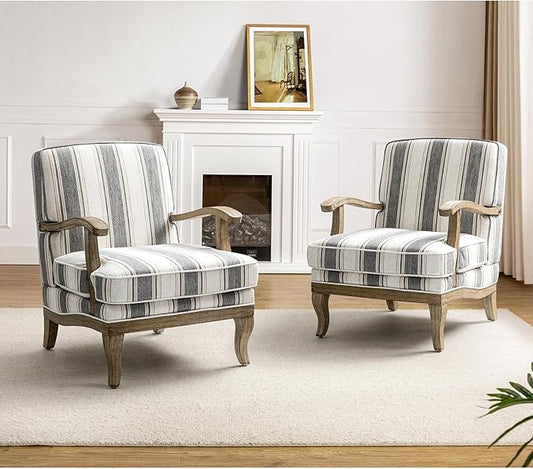 HULALA HOME Mid-Century Modern Chair Set of 2, Upholstered Accent Chair with Graceful Curves and Wooden Legs, Comfy Lounge Armchair Striped Accent Chairs for Living Room, Bedroom (Stripe)