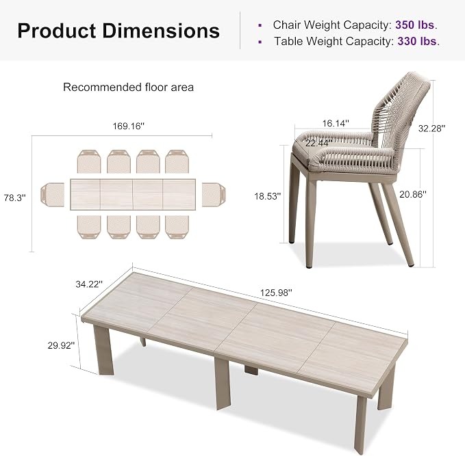 PURPLE LEAF 11 Pieces Patio Dining Set Aluminum Modern Rectangular Table and Wicker Chairs with Cushions for Kitchen Porch Garden Outdoor Furniture Sets, Champagne - Image 9