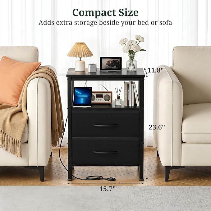 Nightstand with Charging Station, Bedside Table with USB Ports & Outlets, Small Dresser End Table with 2 Fabric Drawer and Open Storage Shelf, Wooden Top for Bedroom, Black - Image 6