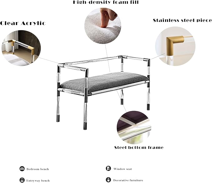 Acrylic and Stainless Steel Bench for Bedroom,Entryway (Light Gray) - Image 4