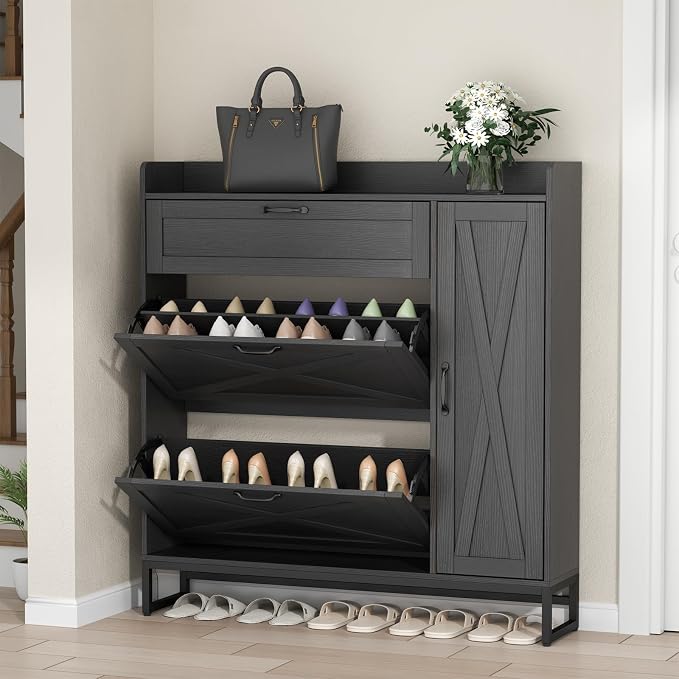 Auromie Free Standing Shoe Organizer with 2 Flip Drawers and Side Cabinet, Entryway Narrow Shoe Storage with Door for Hallway and Living Room (Black Plus) - Image 5