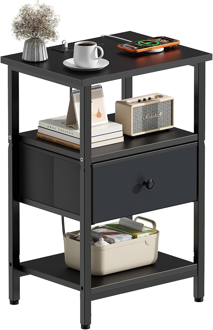 Side Table with Charging Station, Nightstand with Adjustable Fabric Drawer, Bedside Table for Bedrooms, Living Rooms & Home Decor (Black) - Image 7