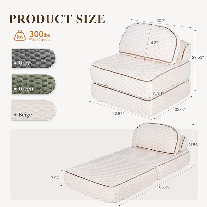 COLAMY Folding Sofa Bed, 3-in-1 Convertible Sleeper Chairs with Pillow,Back Support, Fuzzy Fabric Floor Couch Bed for Adults, Boneless Couches Living Room, Bedroom, Apartment,Beige