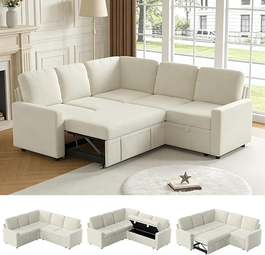 5-Seater Large Sectional Couch with Pull Out Bed, L Shaped Chenille Sofa with Storage, Convertible Modular Sofa, for Living Room, Apartment, Beige