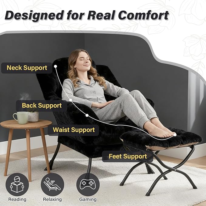 Plush Black Lazy Chair with Ottoman, Large Contemporary Accent Chair with Side Pocket, Modern Leisure Upholstered Reading Armchair with Footrest for Office, Bedroom, Living Room, Balcony