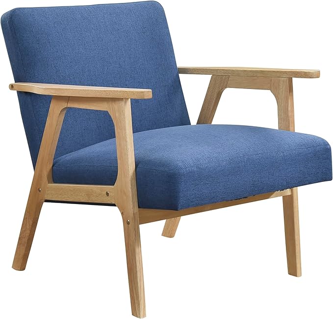 Lexicon Mid Century Modern Accent Chair, Upholstered Lounge Armchair, Single Sofa Seat, Natural Finish Solid Wood Framed Comfy Side Chairs for Living Room/Bedroom/Office/Waiting Area, Blue