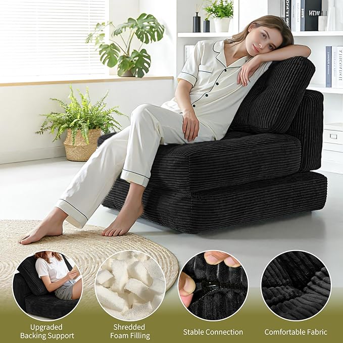 Art3d Folding Sofa Bed, Convertible Sleeper Sofa Bed with Pilow & Back Support, 3 in 1 Long Futon Boneless Couch, Comfy Floor Couch for Living Room, Bedroom, Black
