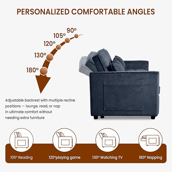 63" Sleeper Sofa with Pull-Out Bed, 3-in-1Folding Convertible Loveseat Sofa Bed with Side Pockets, Adjustable Backrest, Premium Velvet Fabric Futon Couches for Living Room