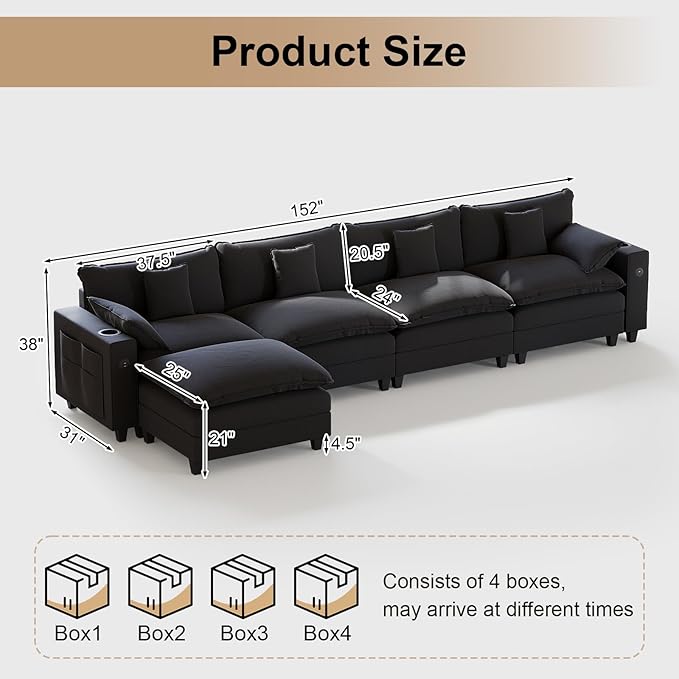 152" Modular Sectional Sofa, L Shaped Cloud Couch with Movable Ottoman, Chenille Deep Seat Cloud Sofa with Charging Station, Cup Holder, Side Pocket, Sectional Couches for Living Room, Black